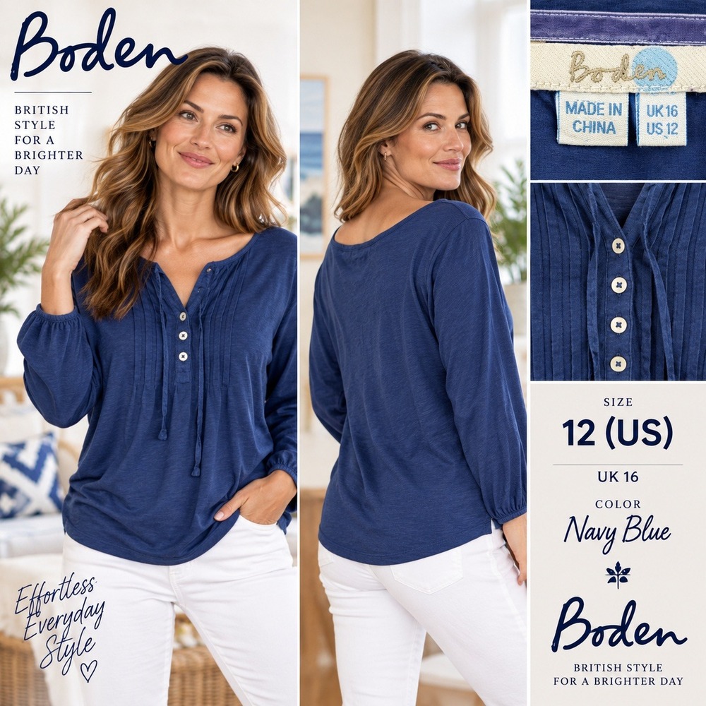 BODEN Womens US 12 Blue Pintuck Tie Neck Long Sleeve Cotton Blouse WL671 #1899